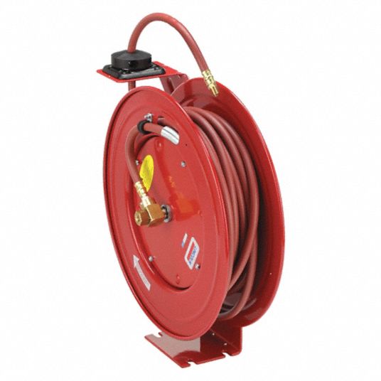 Spring Return Hose Reel: 50 ft (3/8 in I.D.), 1/4 in MNPT, 300 psi Max Op  Pressure, Brass, Red, Red