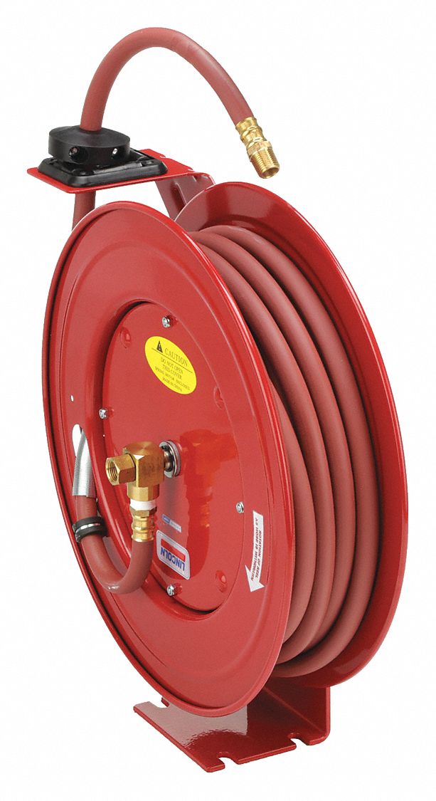 SPRING RETURN HOSE REEL: 50 FT (½ IN I.D.), ½ IN MNPT, 300 PSI MAX, BRASS, RED, RED