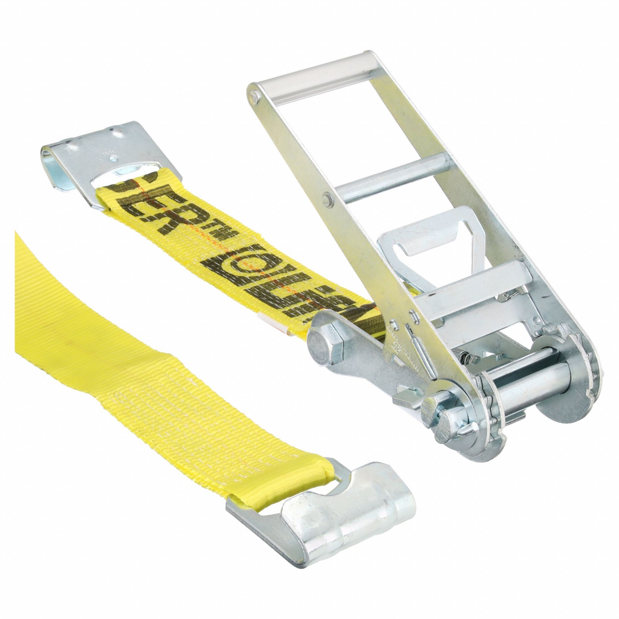 Tie Down Strap: Ratchet, Flat-Hook, Gen Purpose, 3 in Wd, 5, 000 lb WLL, Yellow, 30 ft Lg