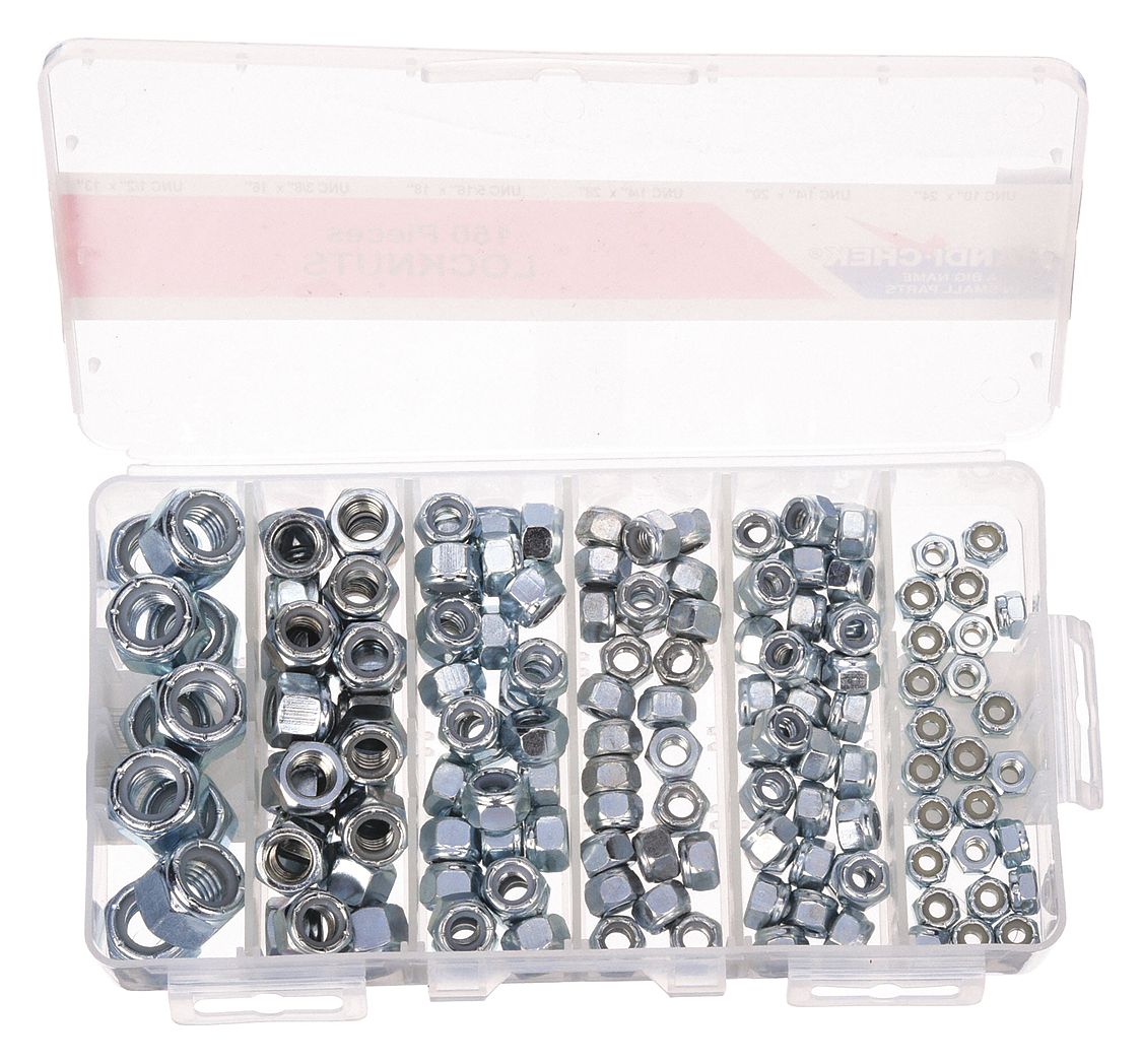Hex Locknut Assortment: Steel, Zinc-Plated, 150 Nuts, 6 Thread Sizes, Std Hex Nut, Std