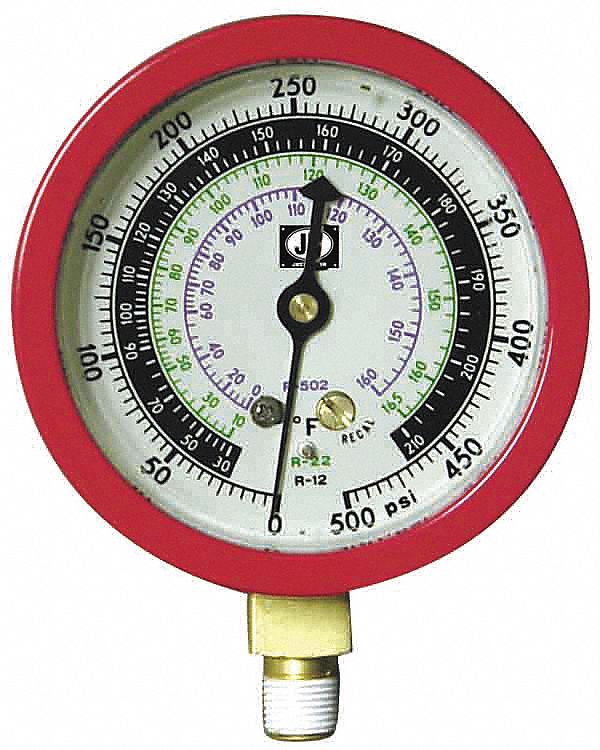 High Side Gauge: High Side Gauge, 0 psi to 800 psi, Liquid Filled, 3 1/8 in Dia, Red