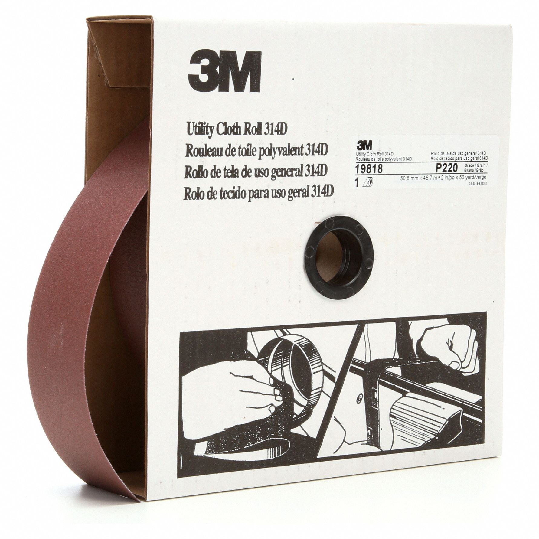 Abrasive Utility Roll: 2 in W x 150 ft L, Aluminum Oxide, P220 Grit, J Wt Cloth, 314D, P220