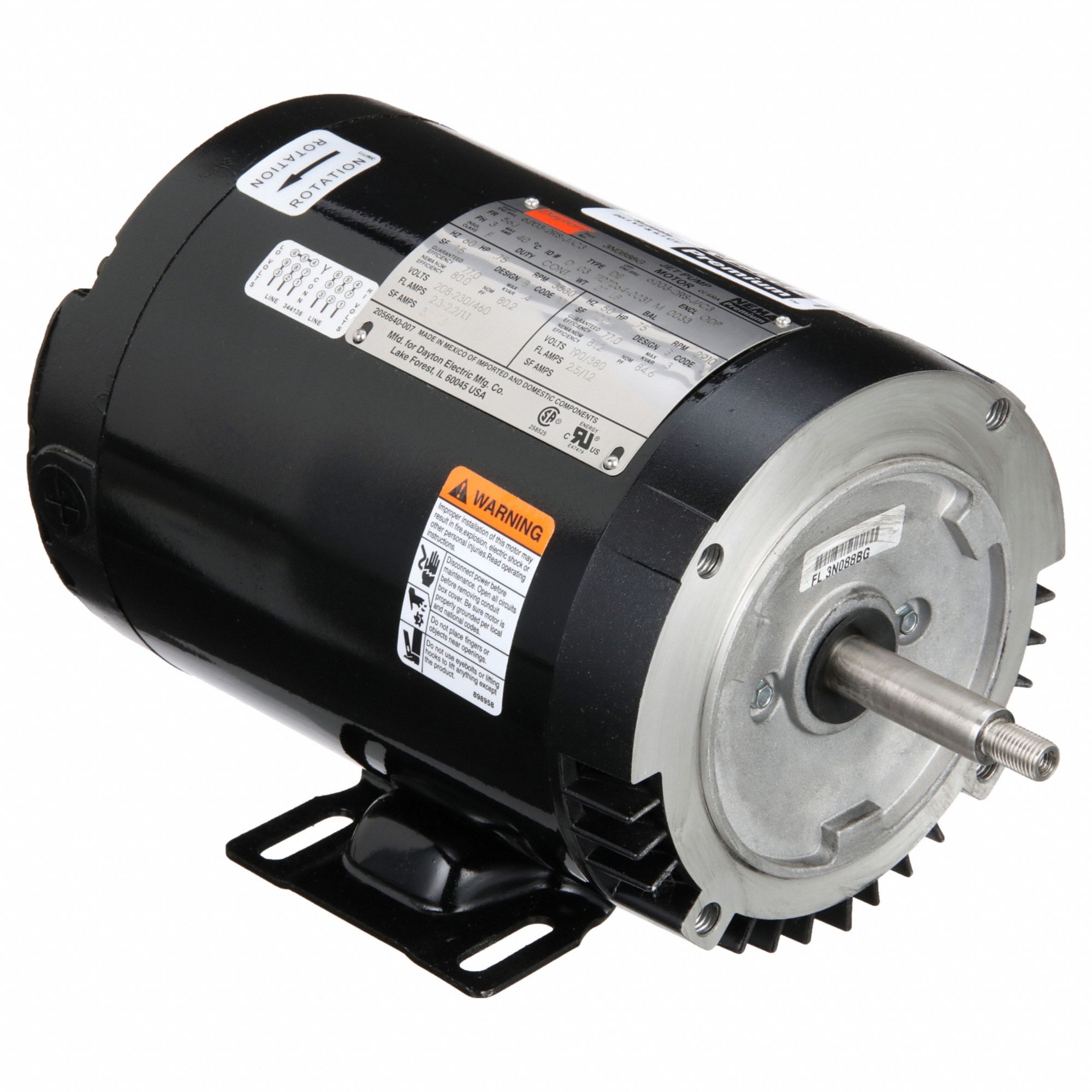 JET PUMP MOTOR, OPEN DRIPPROOF, FACE/BASE MOUNTING, 3/4 HP, 3,530 NAMEPLATE RPM, 56J FRAME, 1