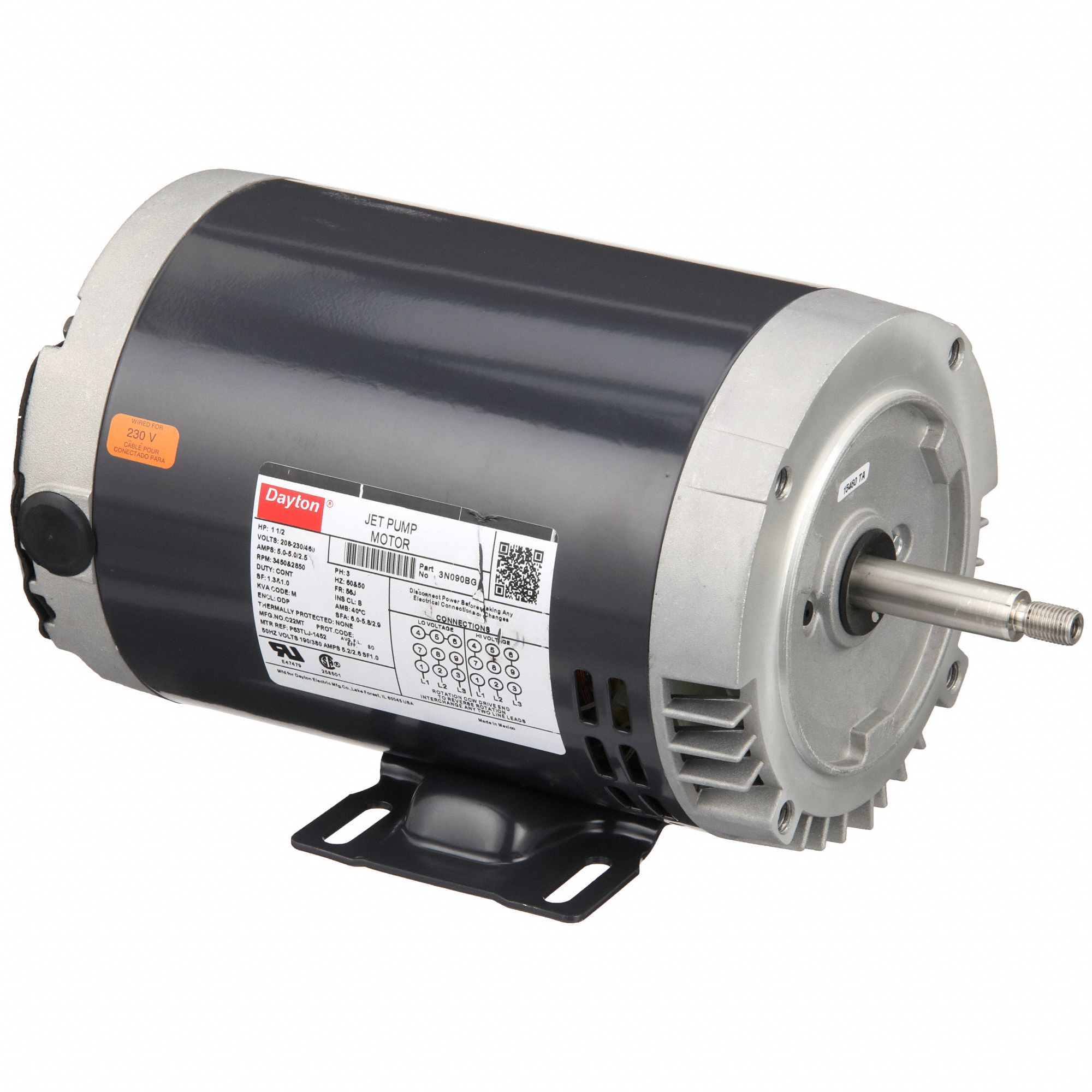 Jet Pump Motor: Open Dripproof, Face/Base Mounting, 1 1/2 HP, 3, 450 Nameplate RPM, CW/CCW, 1