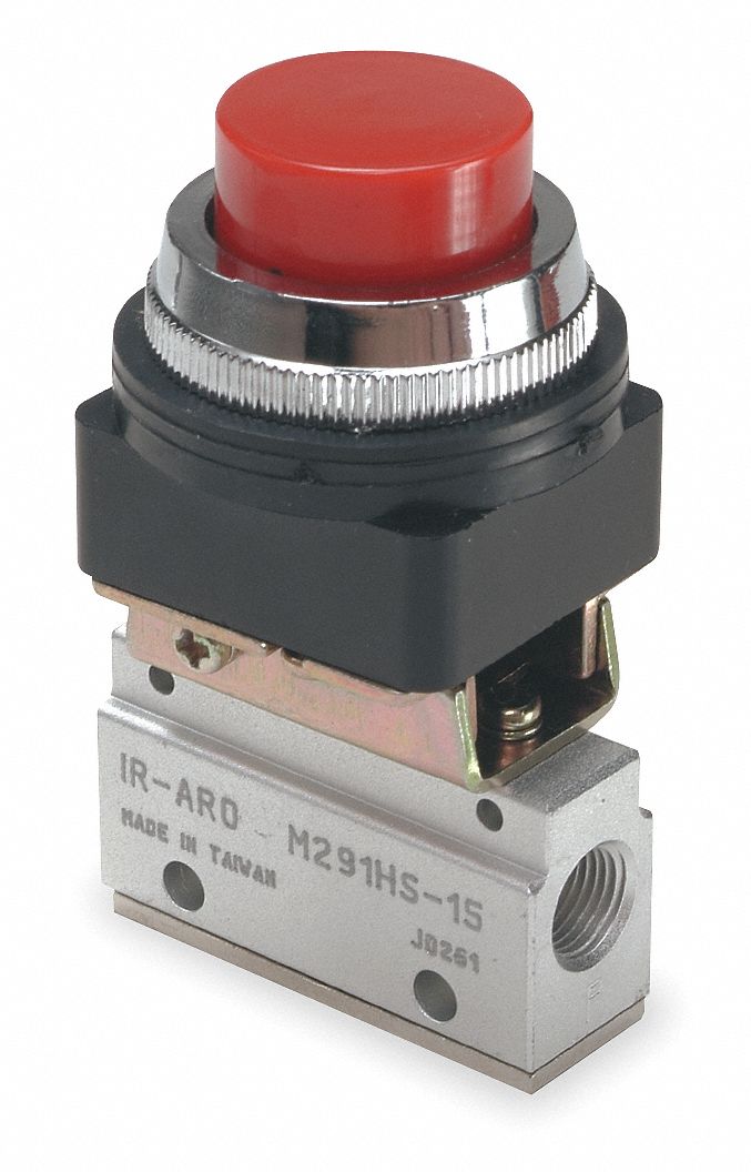 Manual Air Control Valve: MaxAir, Three-Way / Two-Position, Button, Red, 8 scfm Flow Rate - Max