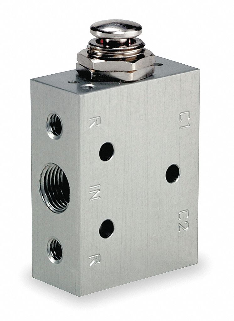 Manual Air Control Valve: MaxAir, Four-Way / Two-Position, Button, Gray, 9 scfm Flow Rate - Max
