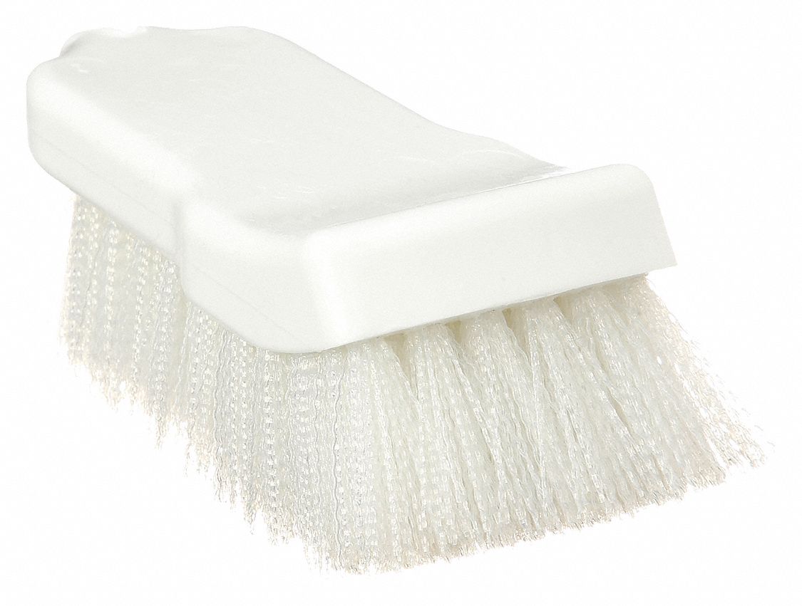 Scrub Brush: Medium, Plastic, 6 in Brush Lg, 6 in Handle Lg, 2 1/2 in Head Wd, White