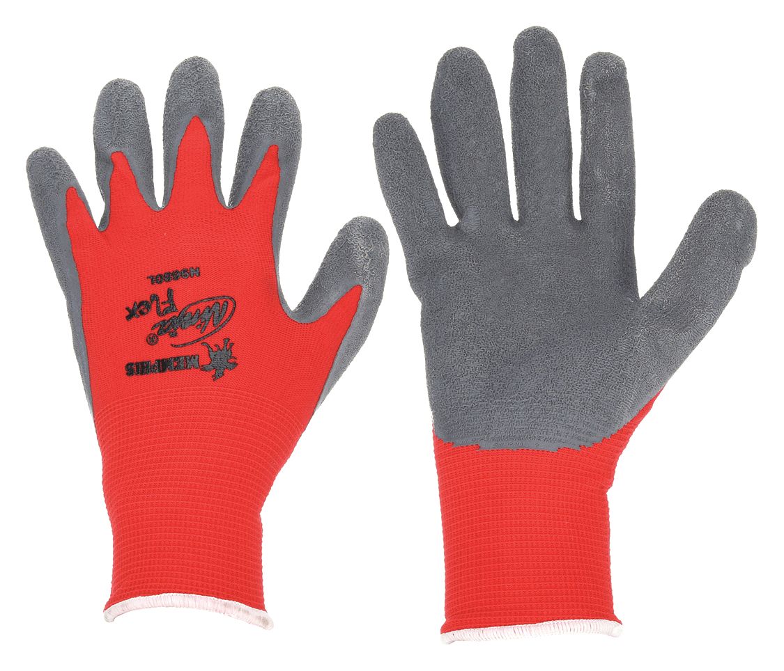 MCR SAFETY Coated Gloves: XL ( 10 ), Rough, Latex, Palm, Dipped, ANSI  Abrasion Level 3, Red, 1 PR