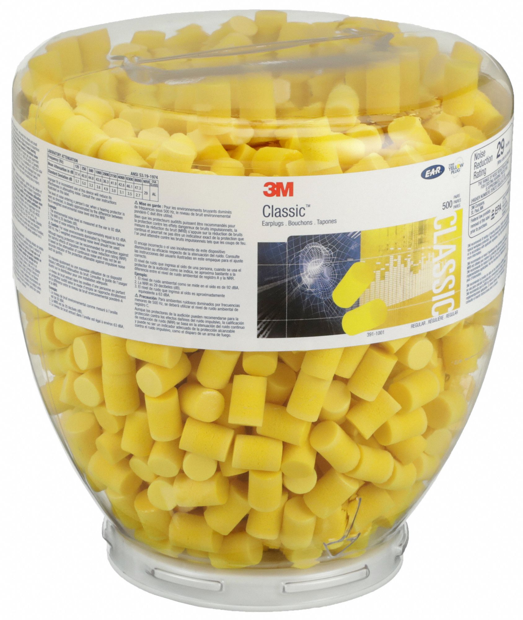 RECHARGE DE DISTRIBUTEUR DE BOUCHONS À OREILLES, MOUSSE, M, CYLINDRE, 29 DB, SANS FIL, JETABLE, 500 PR