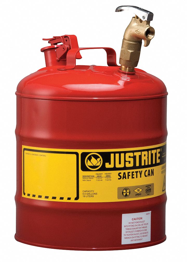 Type I Safety Can: For Use With Flammables, 5 gal Capacity, Powder Coated Steel, Red