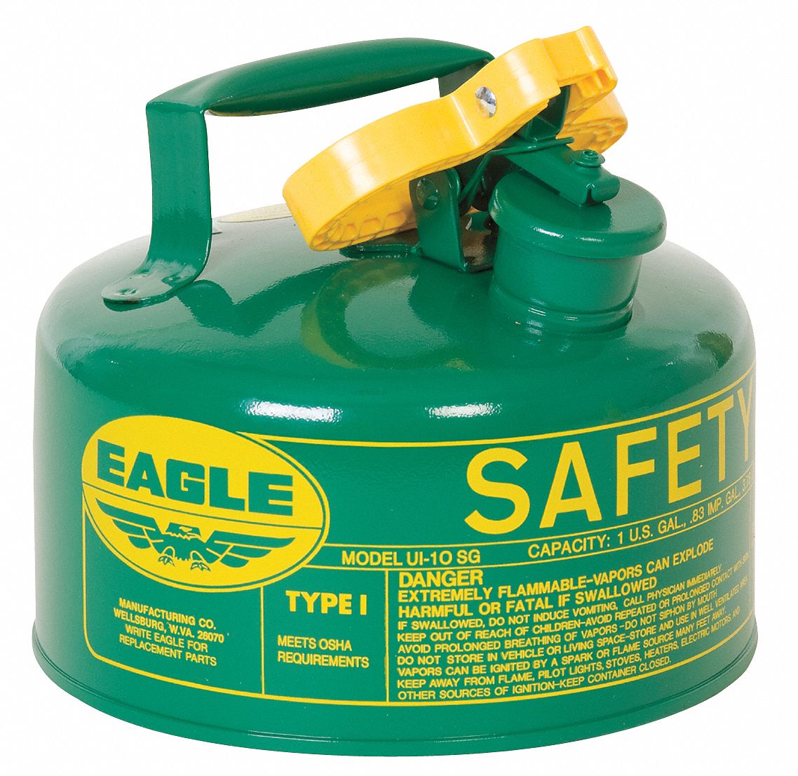 EAGLE Type I Safety Can: For Use With Oil, 1 gal Capacity, Powder Coated Steel, Green