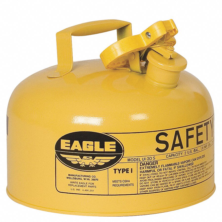 Type I Safety Can: For Use With Diesel, 2 gal Capacity, Powder Coated Steel, Yellow