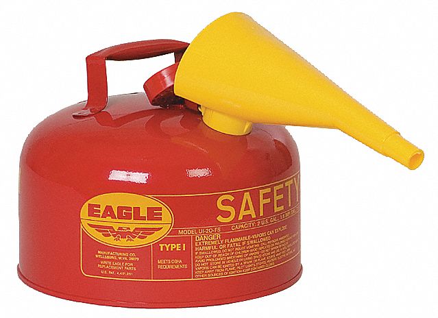 Type I Safety Can: For Use With Flammables, 2 gal Capacity, Includes Funnel, Red