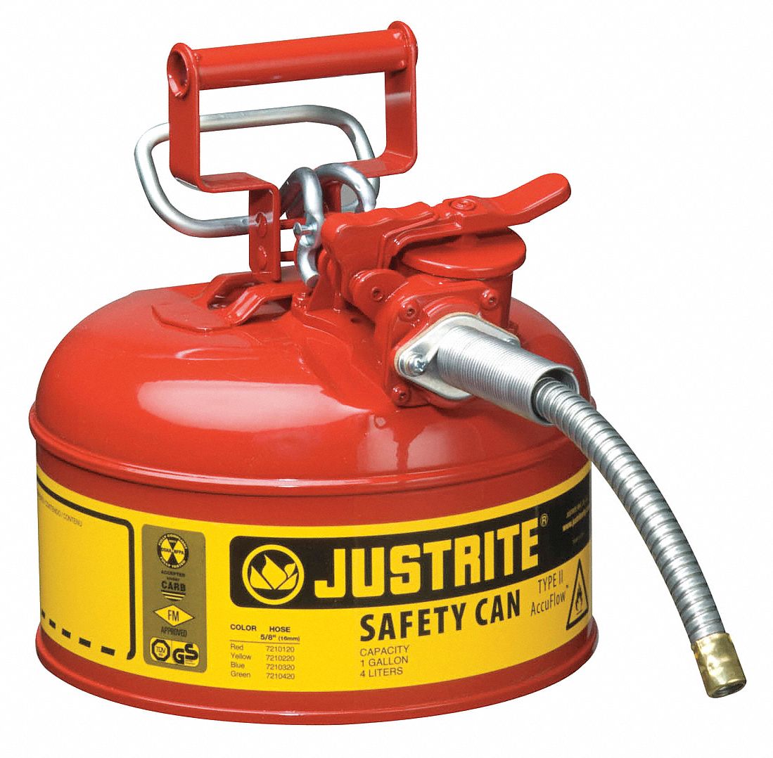 TYPE II SAFETY CAN, 1 GAL, RED, GALVANIZED STEEL, 10½ IN H, 9½ IN OD, FOR FLAMMABLES