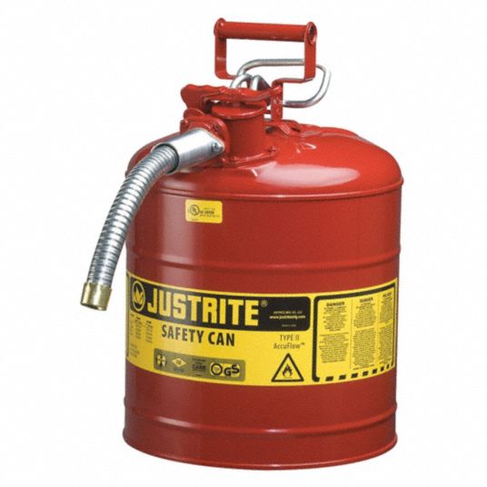 JUSTRITE Type II Safety Can: For Use With Flammables, 5 gal Capacity,  Includes 1 in OD Flex Hose