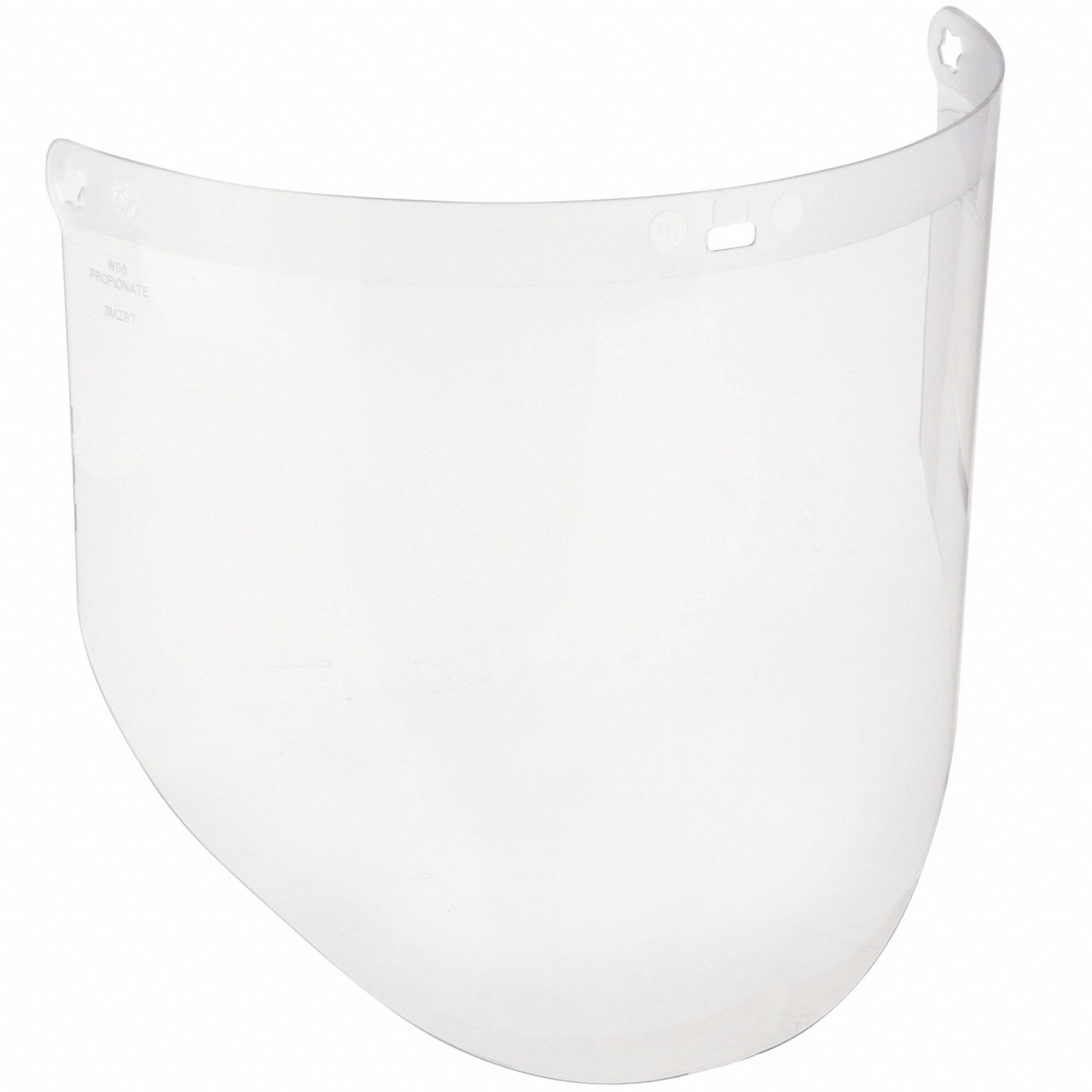 Face Shield: Clear, Uncoated, Reusable, 14 1/2 in Visor Wd, 9 in Visor Ht, Propionate