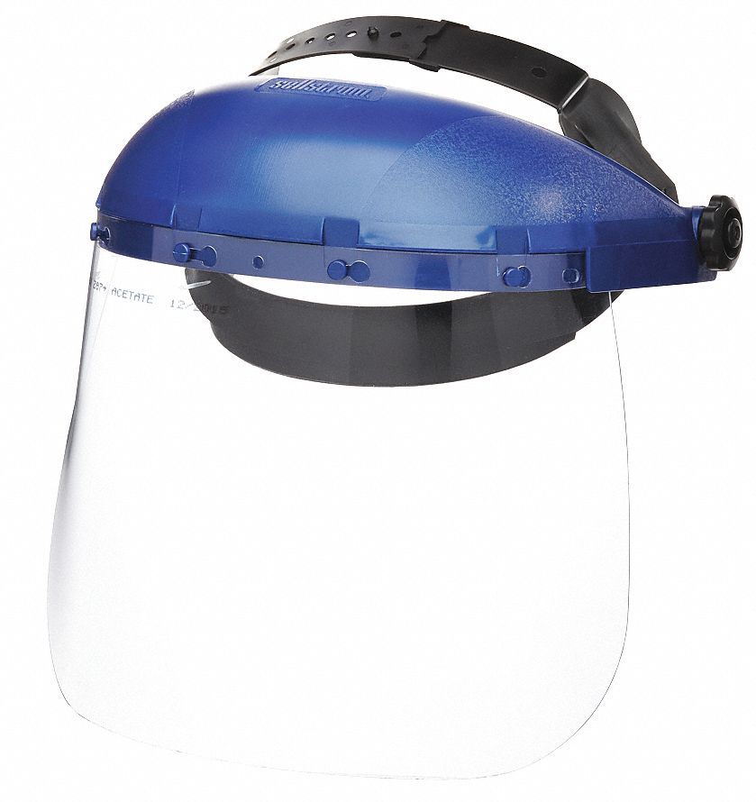 SINGLE CROWN FACESHIELD, W RATCHETING HEADGEAR, BLUE/CLEAR, 9 X 10 IN, PLASTIC/ACETATE