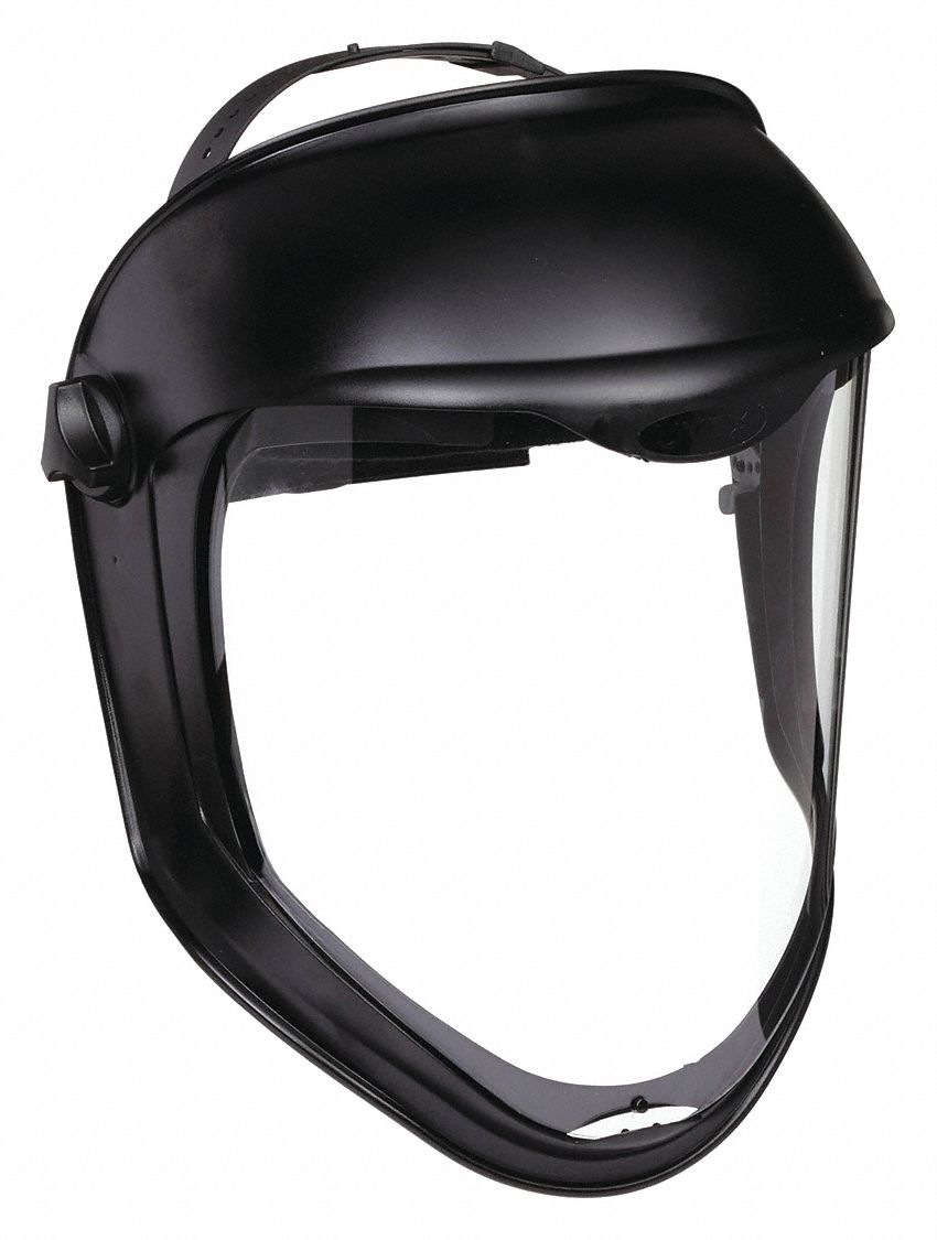 FACESHIELD, FULL-FRAME, RATCHET, BLK/CLEAR, PLASTIC/PC, ANTI-FOG, CSA, 14¼X9½X0.04 IN