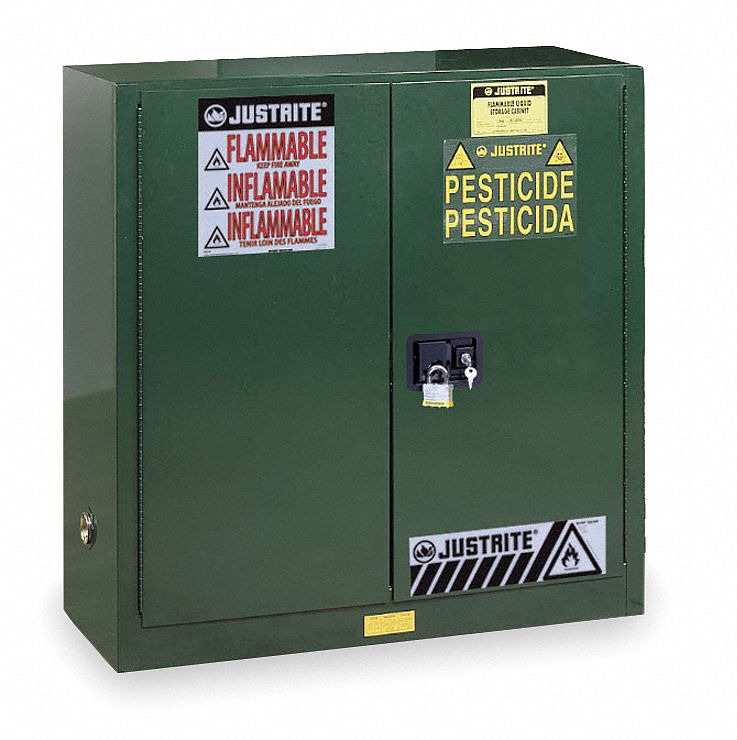 Hazardous Material Storage Cabinet: 30 gal, 43 in x 18 in x 44 in, Green, Manual Close, 1 Shelves