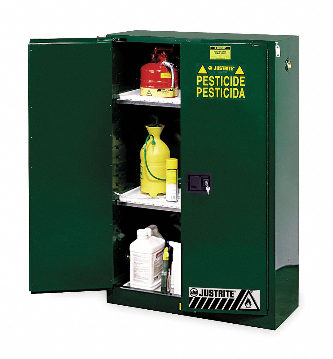 PESTICIDES SAFETY CABINET, 60 GAL, 34X34X65 IN, GREEN, MANUAL CLOSE, 2 SHELVES, INDOOR