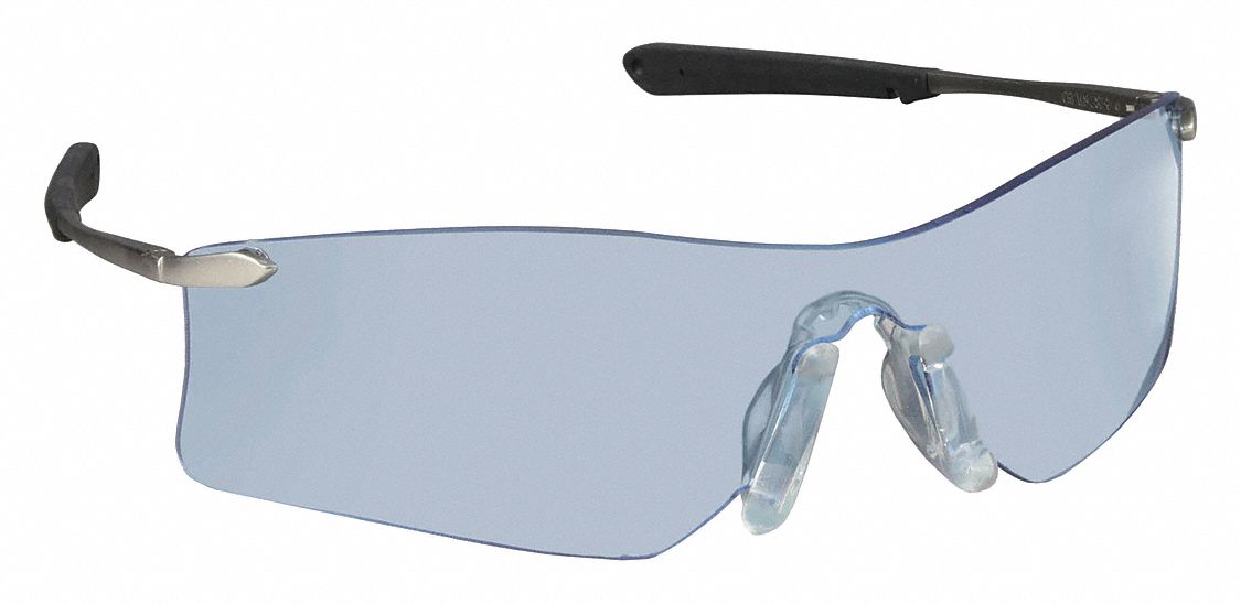 Safety Glasses: Light Blue Lens, Frameless, Anti-Fog, Black/Silver Frame, T4 Series