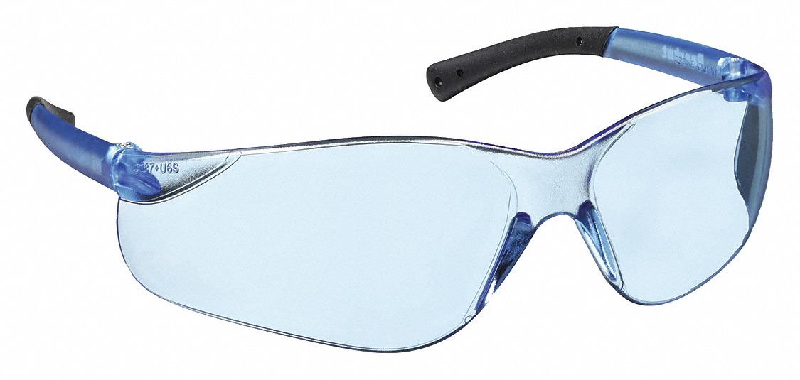 Safety Glasses: Light Blue Lens, Frameless, Scratch-Resistant, Black/Blue Frame