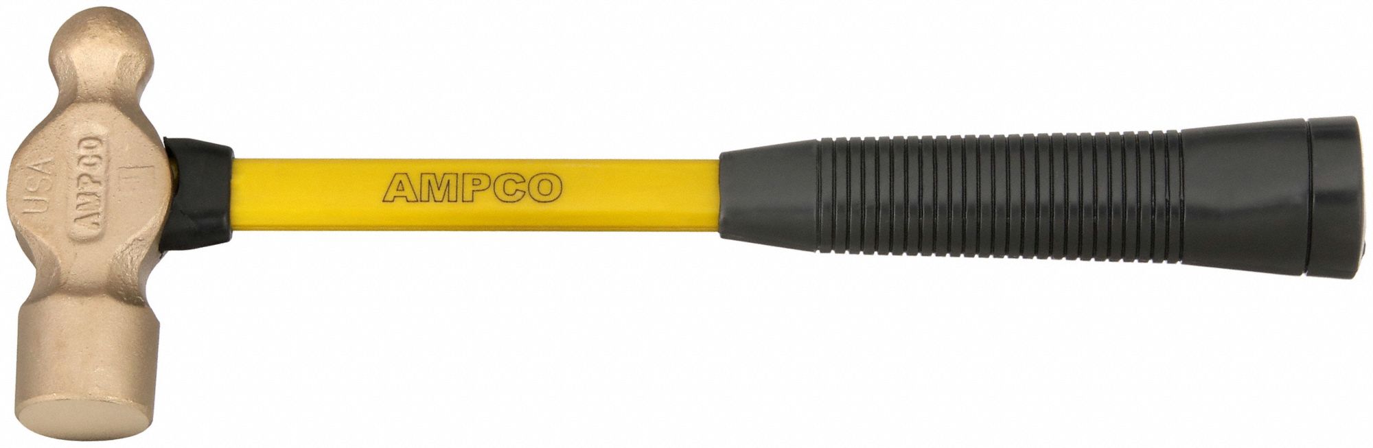 Ball Peen Hammer: Fiberglass, Aluminum Bronze, 24 oz Head Wt, 14 in Overall Lg, Ribbed Grip