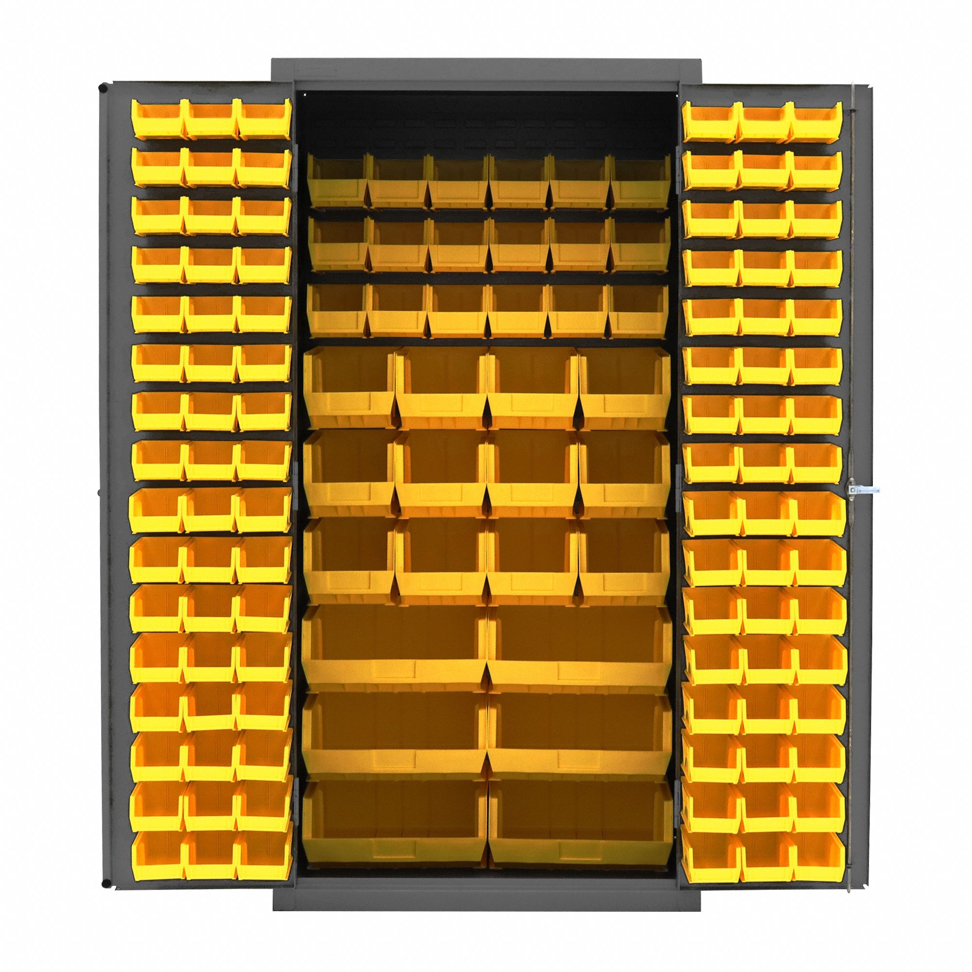DURHAM MFG Bin Cabinet: 36 in x 24 in 72 in, 0 Shelves, 132 Bins, Yellow, Flush, 14 ga Panel