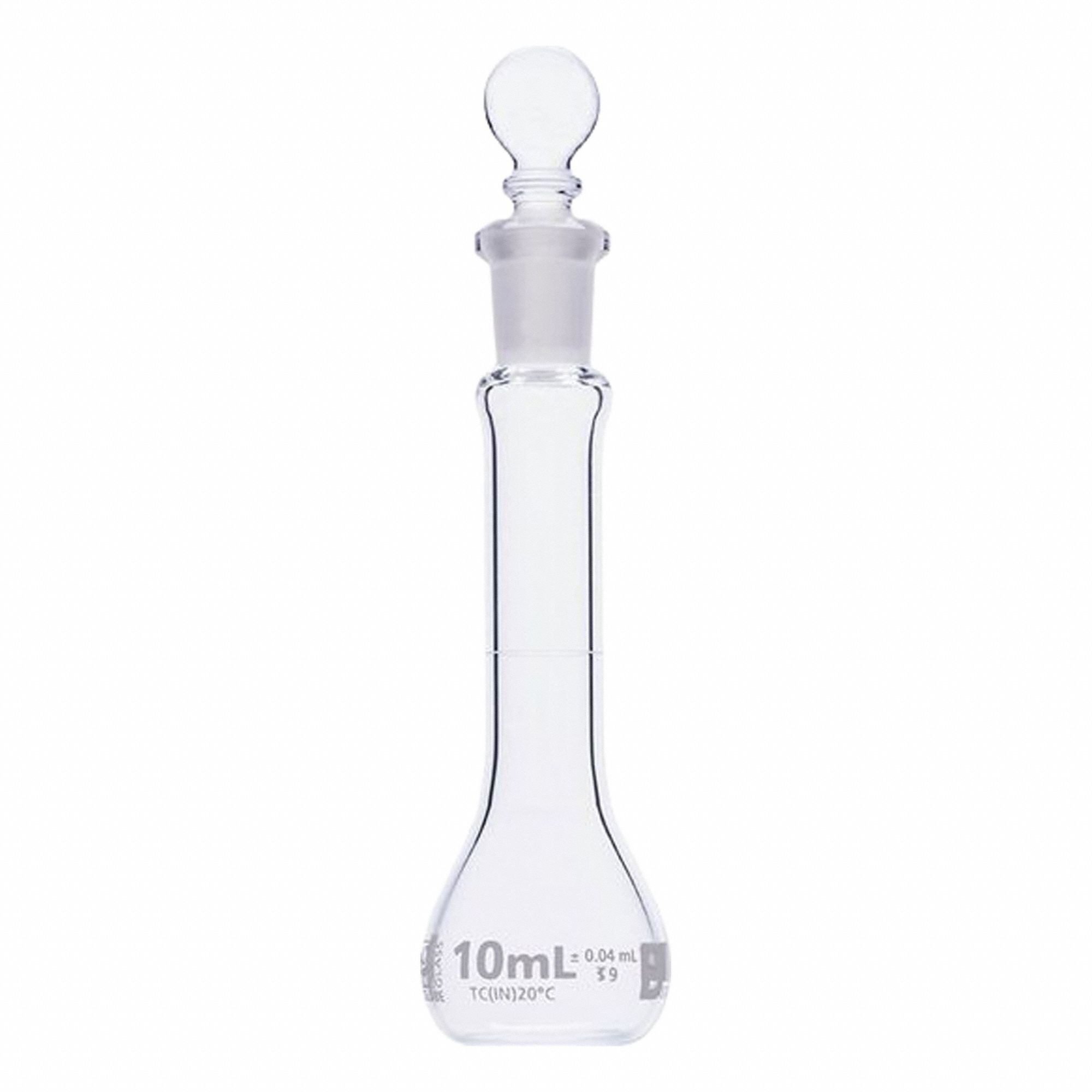 GLOBE SCIENTIFIC Glass Flasks: 10 mL, Colorless, B, 0.04 mL, Includes Closure, 90 mm Overall Ht (MPN 8250010). Key specifications — Tolerance: 0.04 mL; Body Color: Colorless; Brand: GLOBE SCIENTIFIC; Compatible with Stopper Size: 9; USP Specification: Type I.