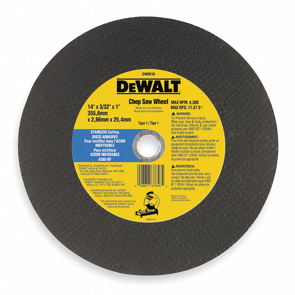 DEWALT 14 in, Type 1 Aluminum Oxide Abrasive CutOff Wheel, 1 in Arbor