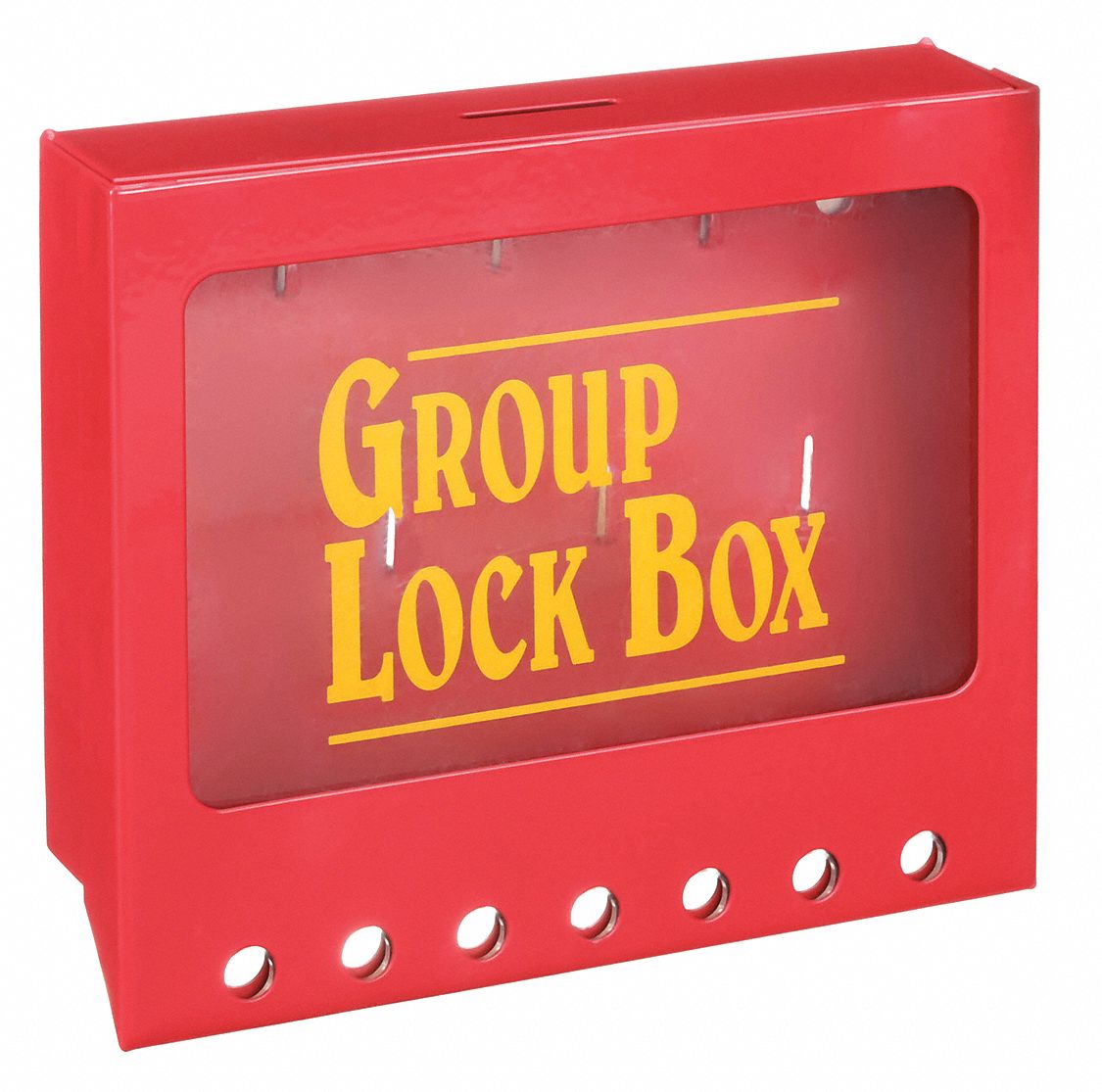 GROUP LOCKOUT BOX, STEEL, RED, 7 X 8 X 2½ IN, WALL, SLIDING, 7 PADLOCKS