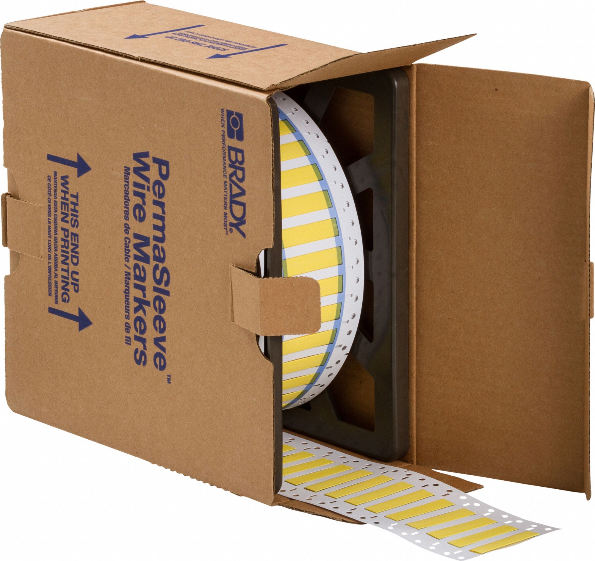 Sleeve Label: 1 1/2 in x 7/16 in, Polyolefin, Yellow (Matte), For 8 AWG to 12 AWG Wire Gauge