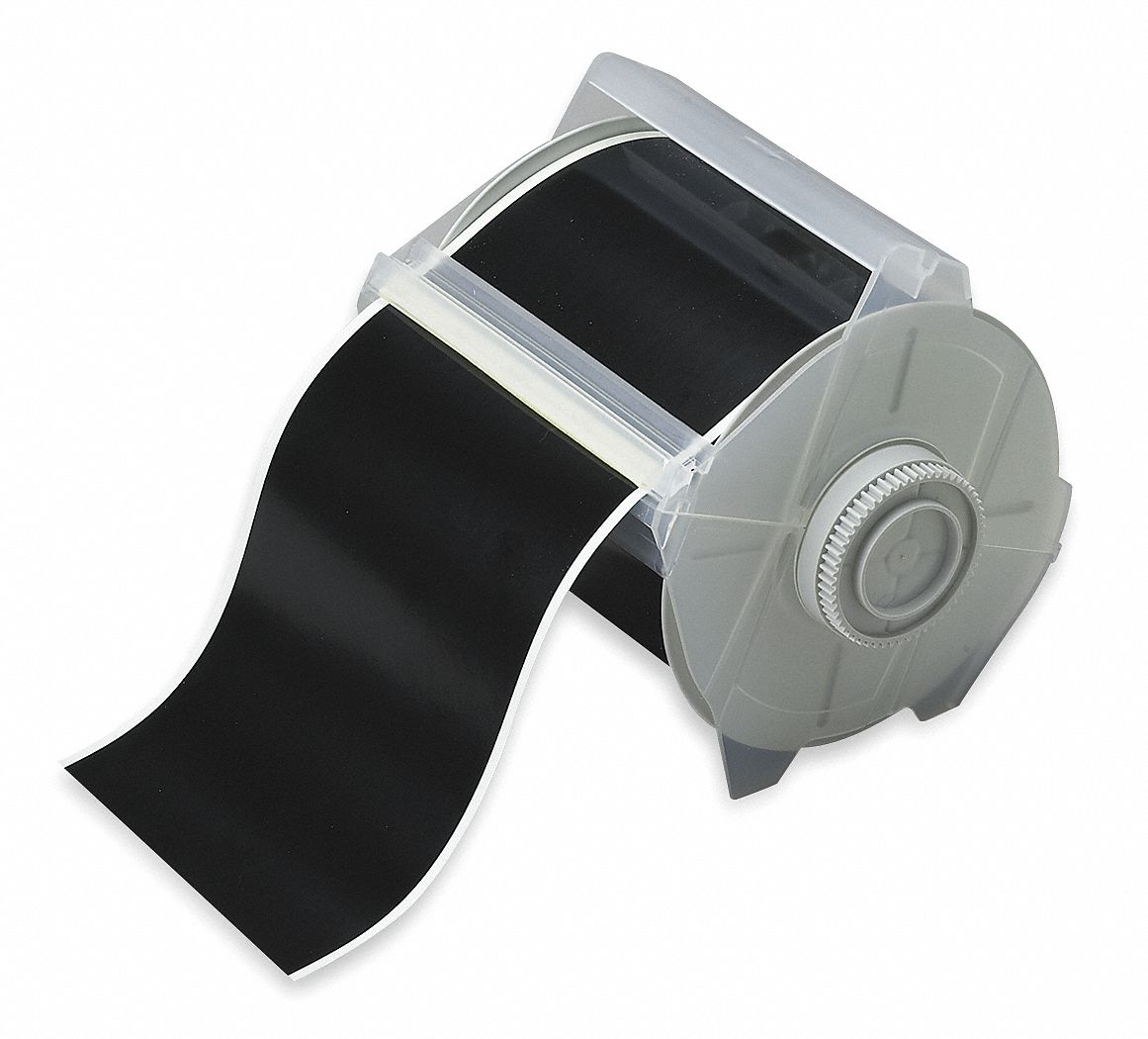 Continuous Label Stock: 2 1/4 in x 100 ft, Vinyl, Black (Gloss), Outdoor
