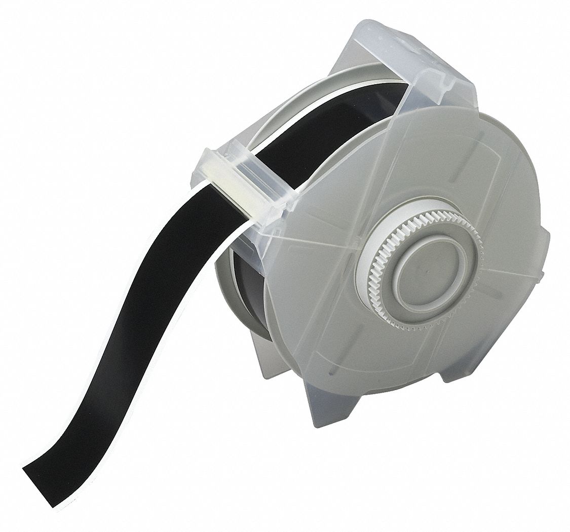 Continuous Label Stock: 1 1/8 in x 100 ft, Vinyl, Black (Gloss), Indoor/Outdoor