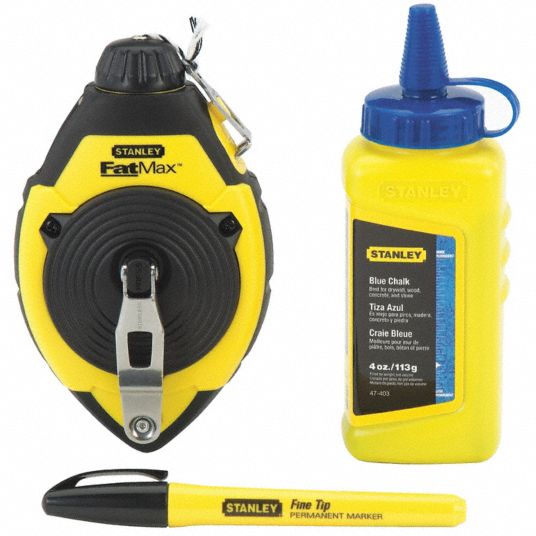 STANLEY Chalk Line Reel Kit: 3:1, 100 ft Line Lg, Yellow/Black, 3 oz Fill  Wt, Sliding Door, Blue