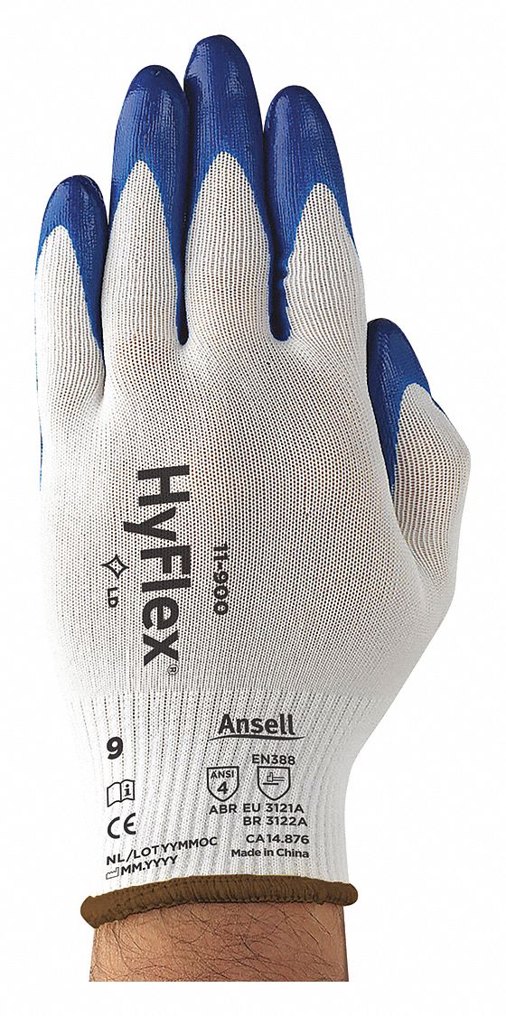 COATED GLOVES,NITRILE/NYLON,9,BL/WHT,PR