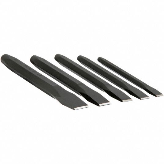 Steel, 5/16 in_3/8 in_7/16 in_1/2 in_5/8 in Blade Wd, Cold Chisel Set