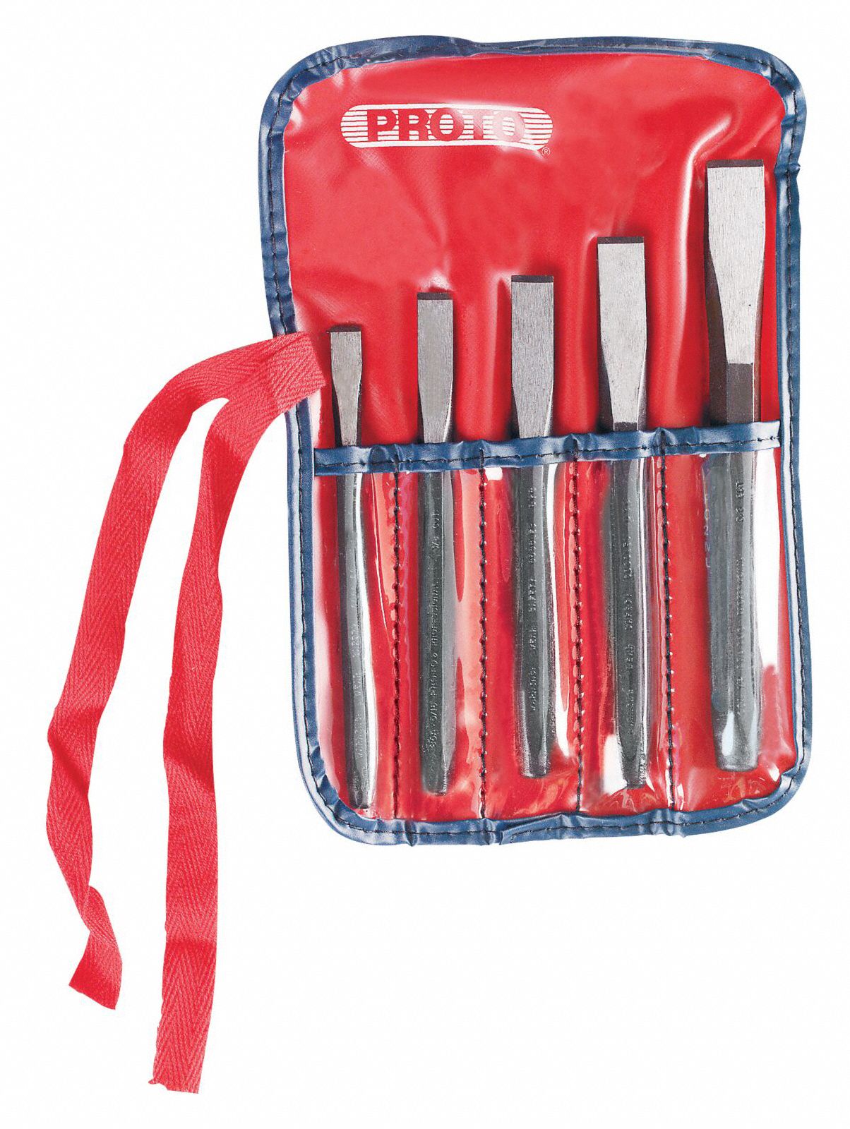 PROTO Cold Chisel Set Steel, 5/16 in_3/8 in_7/16 in_1/2 in_5/8 in Blade Wd, Plain Grip 3R152