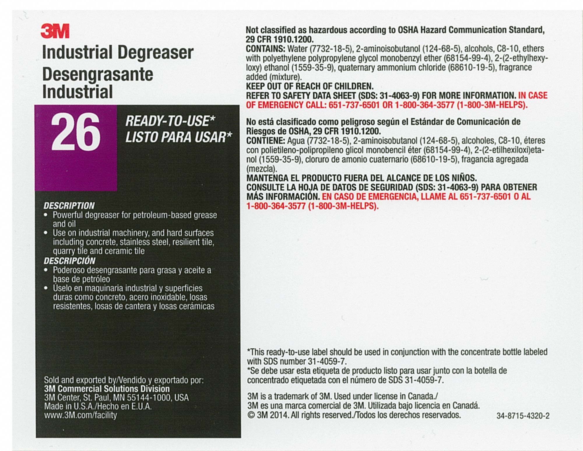 Secondary Bottle Label: 11 in Ht, 8 1/2 in Wd, 3M Industrial Cleaner 26, 12 PK