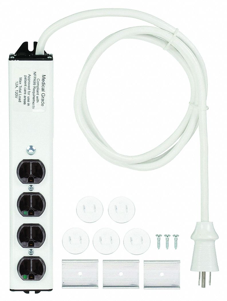 Outlet Strip: 4 Outlets, 6 ft Cord Lg, 15 A Max. Amps, White, Hospital Grade NEMA 5-15P