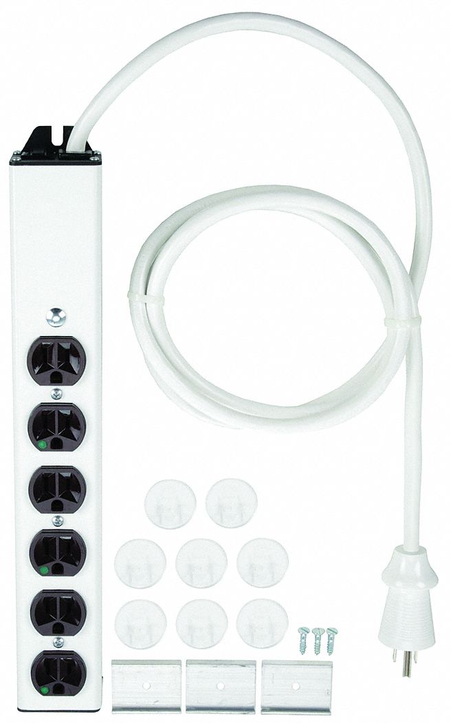 OUTLET STRIP, 6 OUTLETS, 6 FT CORD, 15 A MAX, WHITE, HOSPITAL GRADE NEMA 5-15P