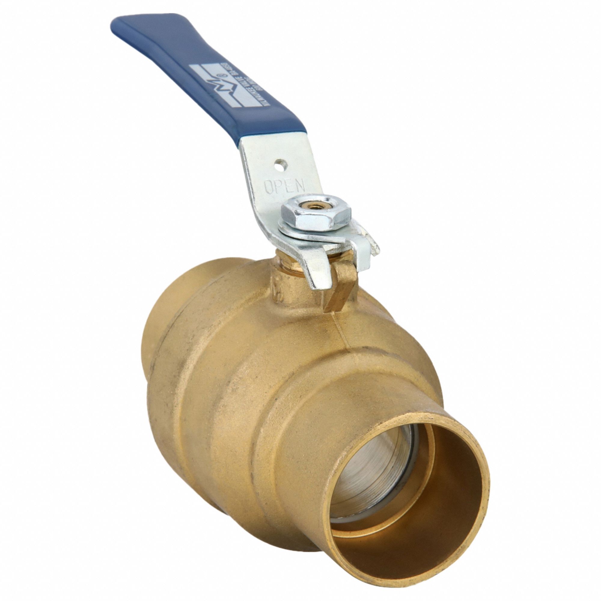 Manual Two-Way Ball Valve: 1 1/2 in, Brass, Straight, Sweat x Sweat, Two-Piece, Blue