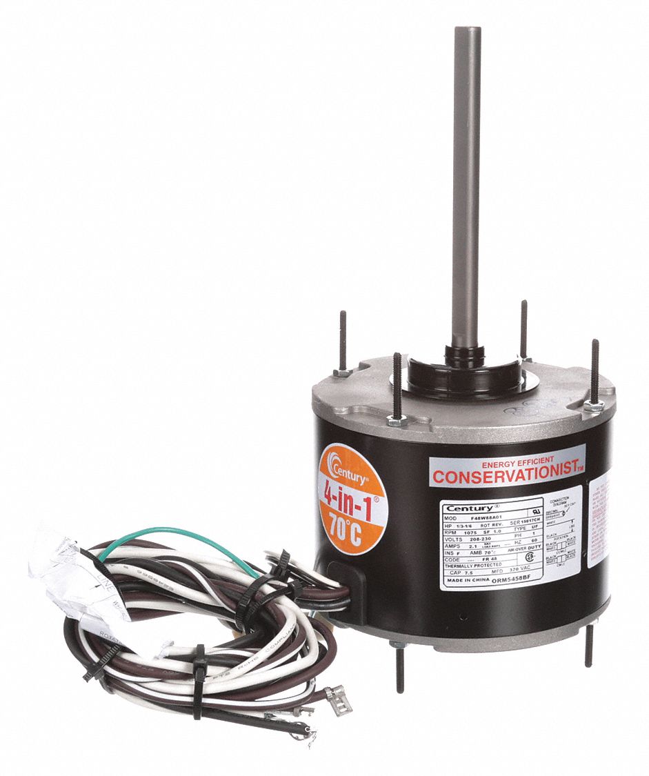 CENTURY Condenser Fan Motor, 1/3 to 1/6 HP, Permanent Split Capacitor, Nameplate RPM 1,075