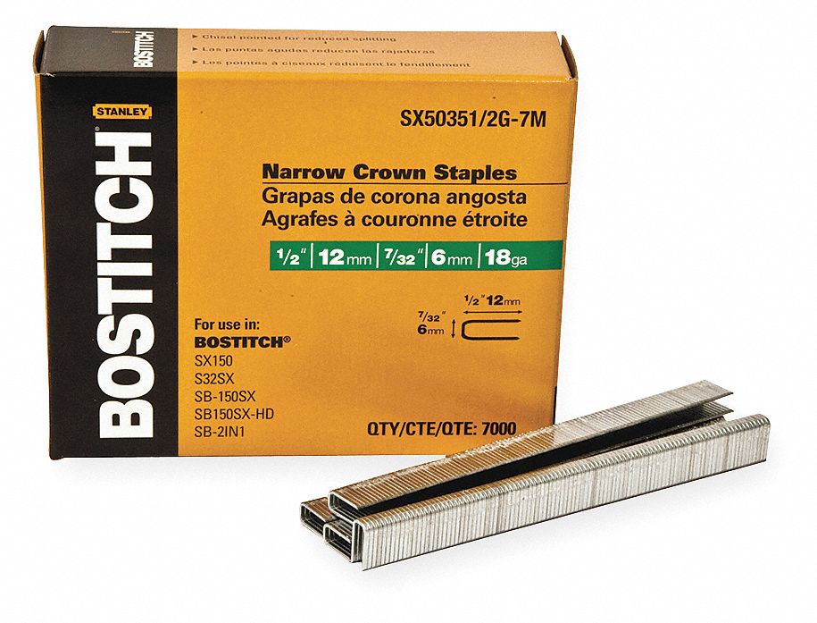 BOSTITCH Staples, Staples, 18 ga Gauge, 1/2 in Length, Steel, Coated