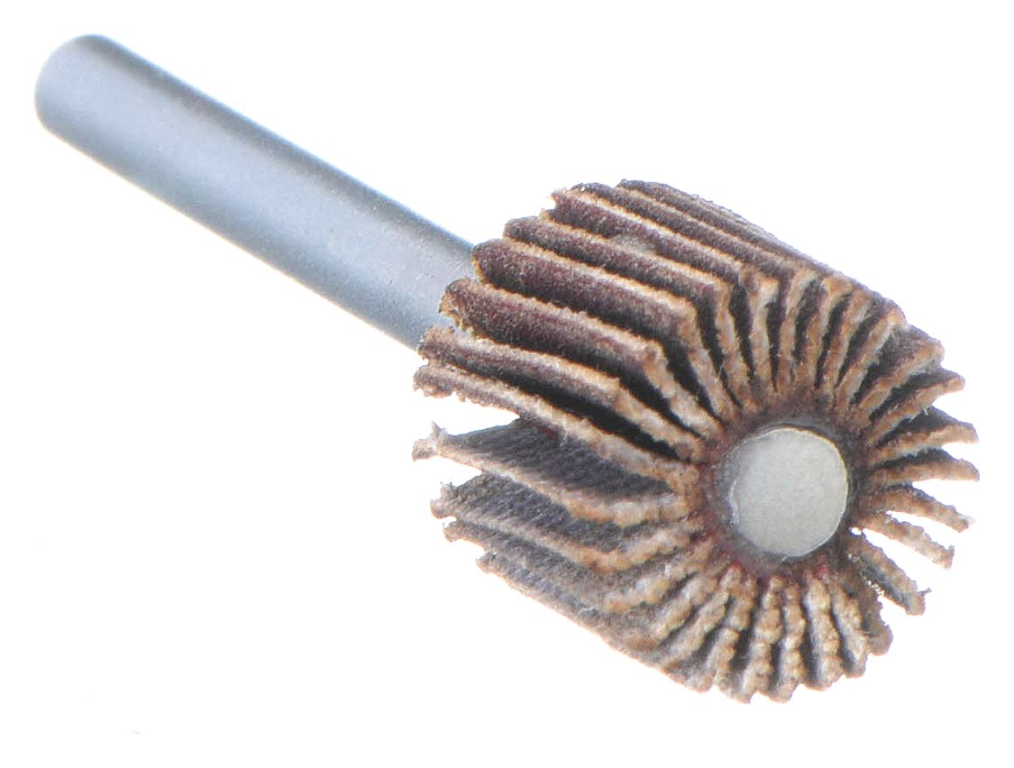 Flap Wheel: 3/8 in Dia x 3/8 in W, 1/8 in Straight-Shank, Aluminum Oxide, P320 Grit, R369