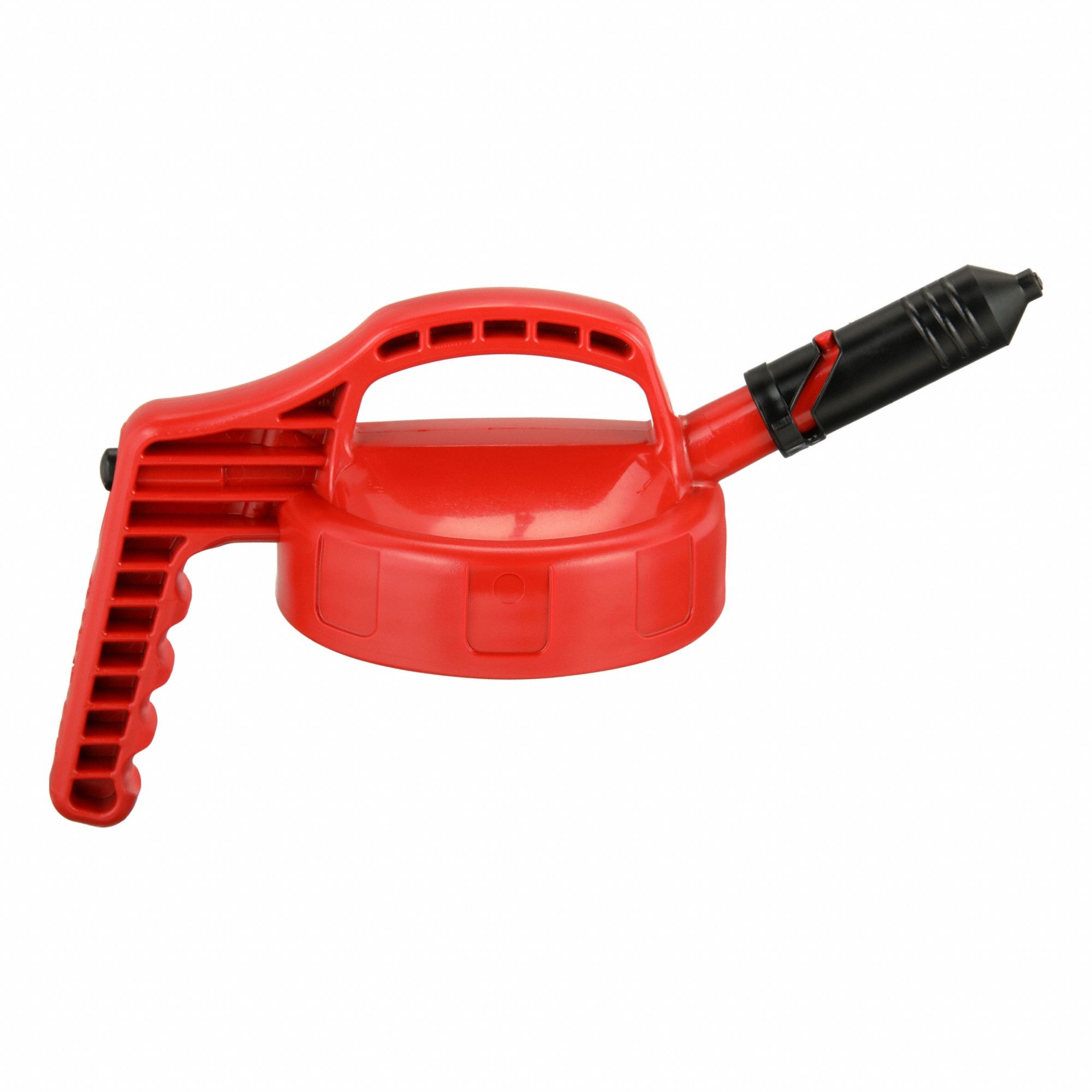 Mini Spout Lid: Rigid, 5 in Spout Lg, 1/4 in Spout Outside Dia, 5.8 in Lid Outside Dia, Red