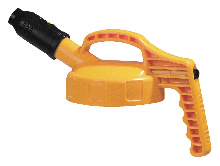 OIL SAFE Stumpy Spout Lid: HDPE, Yellow, With 1 in Spout Outlet
