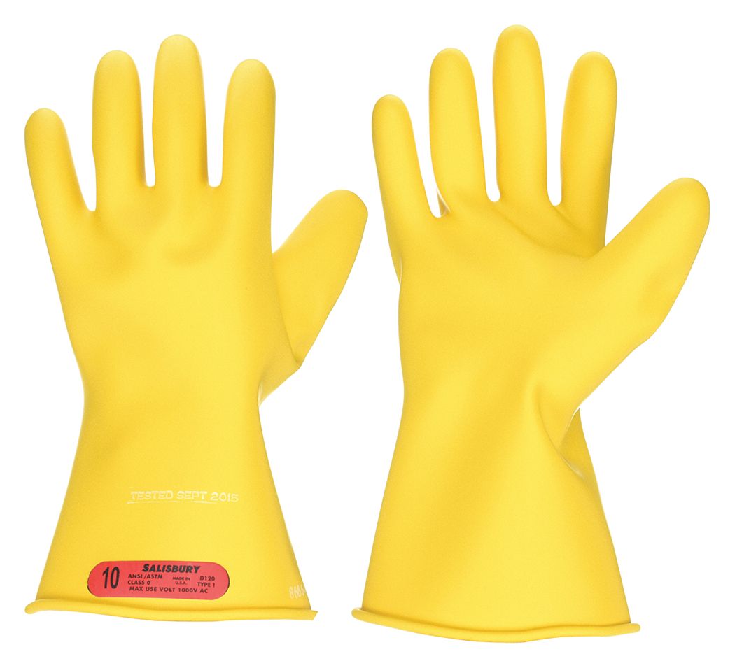 ELECTRICAL INSULATING GLOVES, 1000V AC/1500V DC, 11 IN L, STRAIGHT CUFF, YELLOW