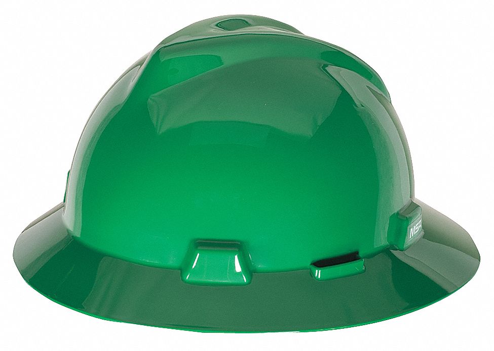 Hard Hat: Green, No Graphics, Pinlock, Polyethylene, Side-Slots, MSA, Solid, V-Gard, Pinlock