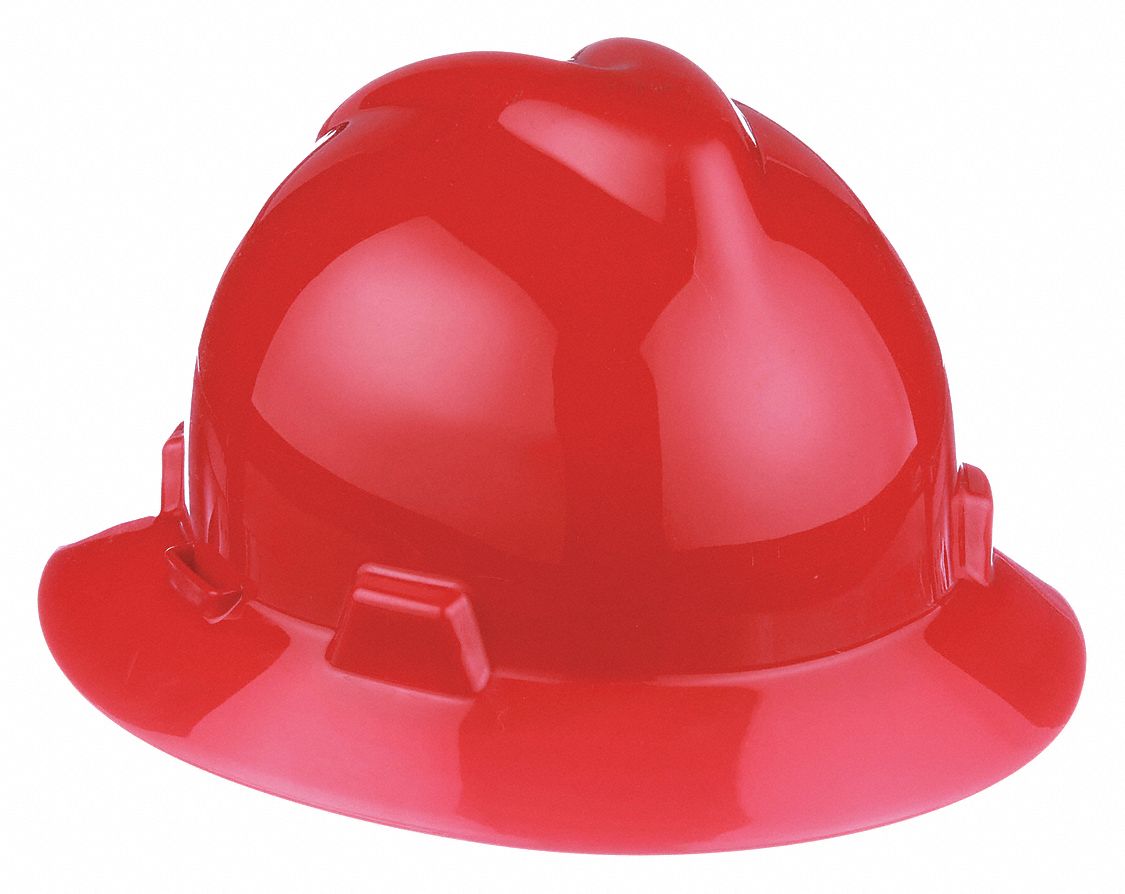 NON-SLOTTED HARD HAT, CSA, TYPE 1, CLASS E, PE, 4-PT STAZ-ON PINLOCK, FULL BRIM, RED